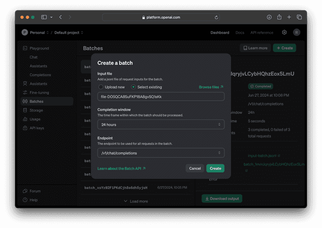 Screenshot of the upload file dialog on OpenAI's batch page.