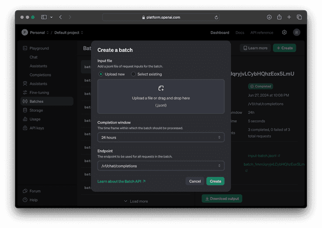 Screenshot of the upload file dialog on OpenAI's batch page.