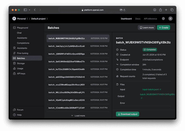 Screenshot of the upload file dialog on OpenAI's batch page.