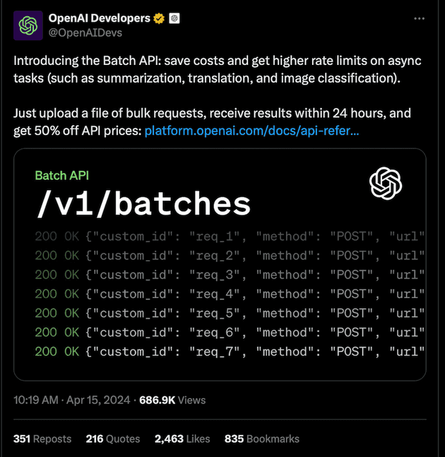 OpenAI tweet announcing the new Batch API